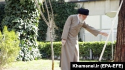 Ali rəhbər ayətüllah Ali Khamenei martın 3-də Tehranda keçirilən ağacəkmə mərasimində qoruyucu əlcəklə iştirak edib